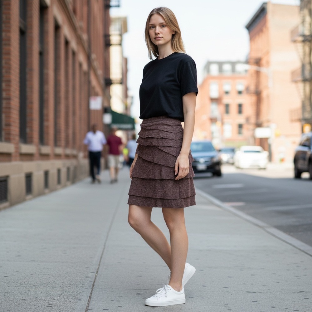 Anthro Coquille Burgundy Brown Wool Blend Tiered Layered Skirt Size 4